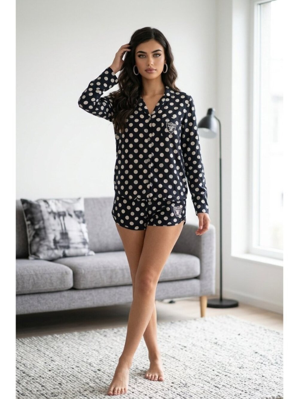 Raiders Womens Polka Dot Pajama Set Long Sleeve Button-Up Shirt & Shorts Size Sm